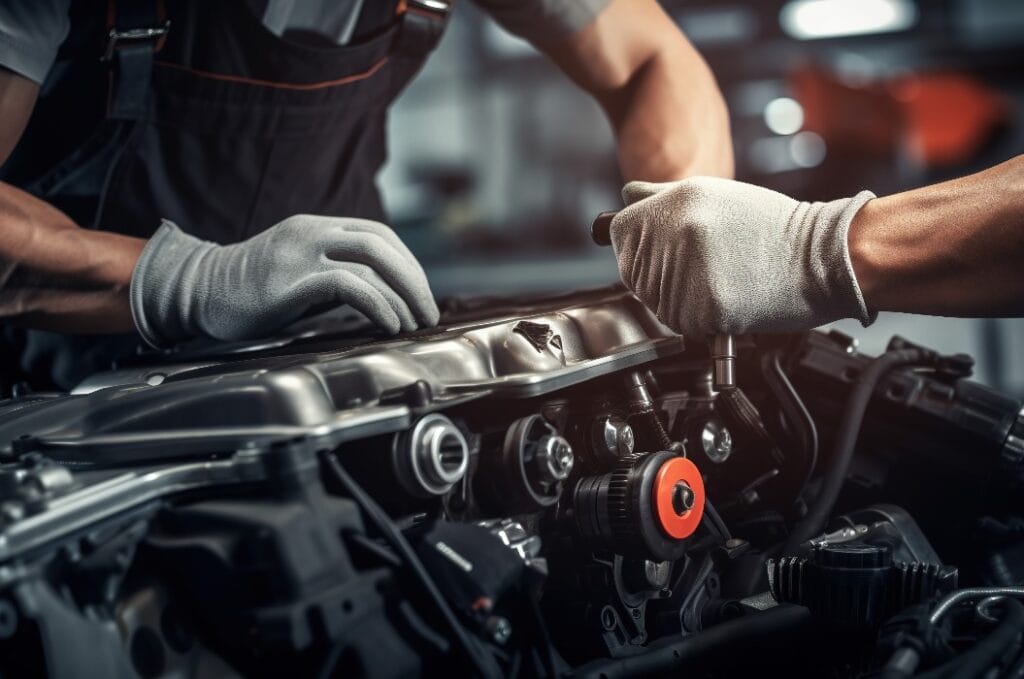 Ein professioneller Mechaniker arbeitet an einem Automotor in einer Werkstatt. Autoreparaturservice. Die Hände tragen Mechanikerhandschuhe. Mechaniker hält ein Werkzeug zum Festziehen der Mutter. Motorabdeckung.